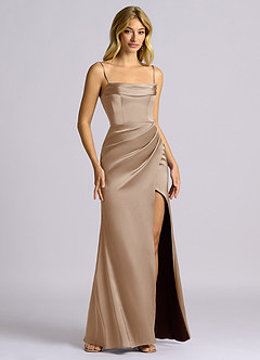Azazie Auden Jurken voor bruidsmeisjes Converteerbaar Jurk van Stretch Satijn met Kolom Off the Shoulder Taupe image3