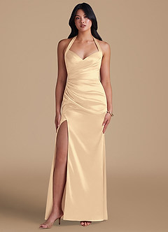 Azazie Emeria Bridesmaid Dresses Gold Sheath Side Slit Metallic Satin Dress image5