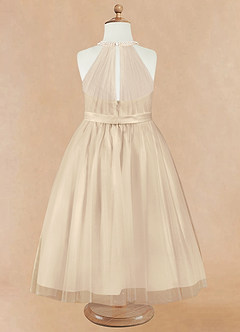 Azazie Honey Flower Girl Dresses Champagne A-Line Beaded Matte Satin Dress image9