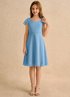 Azazie Narin Girls Formal vestidos de niña de las flores Vestido de Azul Acero de Gasa de Corte en A con Con mangas image4