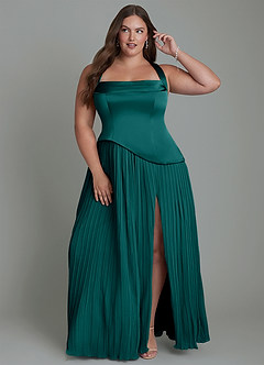 Azazie Stephanie Vestidos de damas de honor Vestido Pavo Real de Satén Elástico de Línea A con Plisado image7