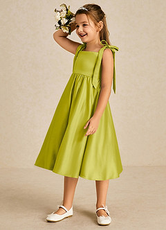 Azazie Chelsie vestidos de niña de las flores Vestido de Hierba De Limón de Satin Mate de Corte en A con Lazo image4