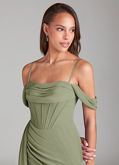 Azazie Amyra Bridesmaid Dresses Pistachio Sheath Off the Shoulder Chiffon Convertible Dress image7