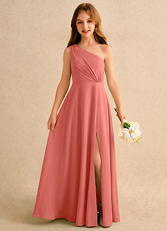 Azazie Puddles Girls Formal Flower Girl Dresses Salmon Pink A-Line One Shoulder Chiffon Dress image1