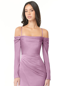 Azazie Hallie Bridesmaid Dresses Wisteria Sheath Off-The-Shoulder Long Sleeve Stretch Satin Convertible Dress image2