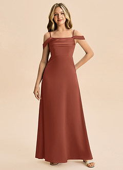 Azazie Lettie Junior Vestido Castanho Aloirado de Cetim elástico de Linha A com Fora do ombro image4