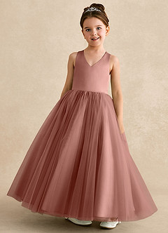 Azazie Peanut Robe Demoiselle D'honneur Fillette Robe Trapèze en Tulle Bretelle Rose De Cèdre image4