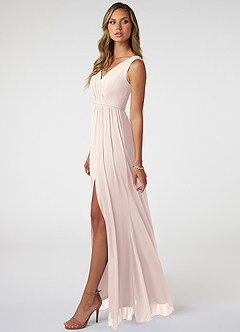 Azazie Tanicia Bridesmaid Dresses Rose Petal A-Line V-Neck Pleated Mesh Dress image3