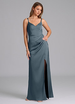 Azazie Leo Final Sale Twilight Sheath Pleated Stretch Satin Dress image5