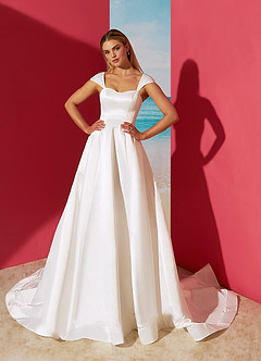 Azazie Luxia Wedding Dresses A-Line Sweetheart Neckline Matte Satin Cathedral Train Dress image3