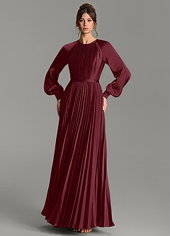 Azazie Grayson Abiti da Damigella Abito A-Line in Raso Elasticizzato Maniche Lunghe Cabernet image3