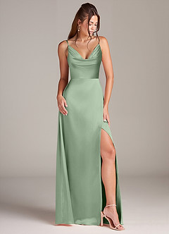 Azazie Sarella Bridesmaid Dresses Matcha A-Line with Pockets Metallic Satin Dress image3