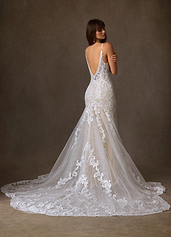 Azazie Selene Final Sale Diamond White Champagne Mermaid V-Neck Lace Dress image2