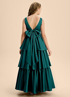 Azazie Meadowyn Junior Abito A-Line in Raso Elasticizzato Fiocco Verde Pavone image2