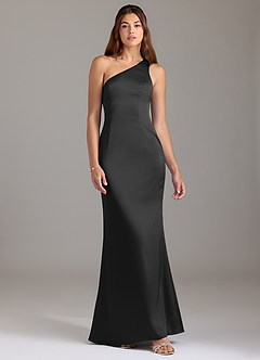 Azazie Arleth Bridesmaid Dresses Black A-Line One Shoulder Stretch Satin Dress image1
