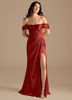 Azazie Lynden Bridesmaid Dresses Rust Sheath Off the Shoulder Metallic Satin Convertible Dress image1