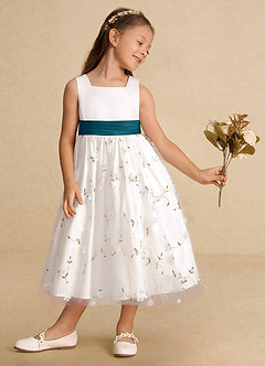 Azazie Pollie vestidos de niña de las flores Vestido de Marfil Azul Tinta de Tul de Corte En A con Lazo image4