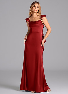 Azazie Adi Bridesmaid Dresses Pomegranate A-Line Pleated Stretch Satin Dress image4