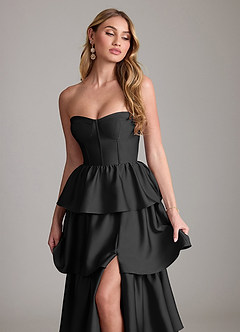 Azazie Faye Bridesmaid Dresses Black A-Line Ruched Stretch Satin Dress image5