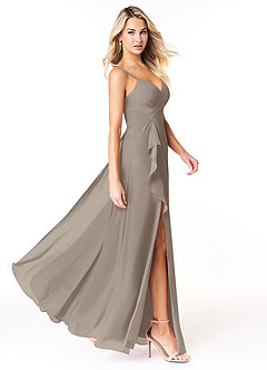 Azazie Emerald Bridesmaid Dresses Taupe A-Line Ruffled Chiffon Dress image2