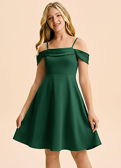 Azazie Anselie Junior Robe Trapèze en Satin extensible Épaules dénudées Vert Foncé image5