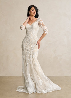 Azazie Neela Hochzeitskleider Meerjungfrau-Linie V-Hals Spitze Tüll Kleid Diamantweiß Champagner image4