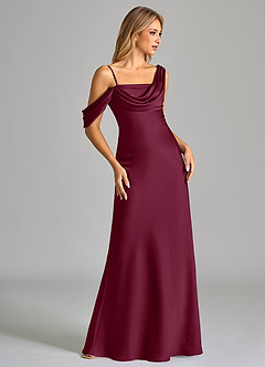 Azazie Celina Bridesmaid Dresses Mulberry Sheath Off the Shoulder Stretch Satin Dress image5