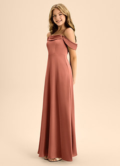 Azazie Anselie Junior Jurk van Stretch Satijn met A-Lijn Off the Shoulder Klei image5