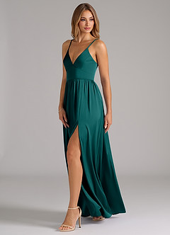 Azazie Aaida Brautjungfernkleider A-Linie Korsett Stretch-Satin Kleid Pfau image3