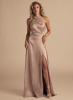 Azazie Clarice Bridesmaid Dresses Taupe A-Line High Neck Metallic Satin Dress image4