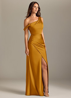 Azazie Madelyn Bridesmaid Dresses Butterscotch Mermaid Off the Shoulder Stretch Satin Convertible Dress image4