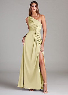 Azazie Brooke Bridesmaid Dresses Lemon Sorbet A-Line One Shoulder Stretch Satin Dress image1