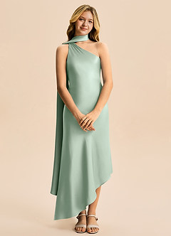 Azazie Briony Junior Agave Sheath Pleated Stretch Satin Dress image7