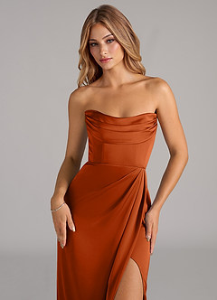 Azazie Johana Bridesmaid Dresses Burnt Orange Mermaid Off the Shoulder Stretch Satin Convertible Dress image2