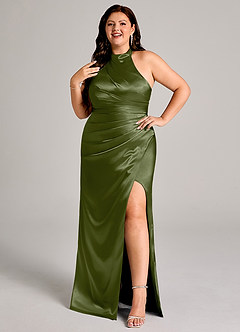 Azazie Jemma Brautjungfernkleider Etui Plissee Metallischer Satin Kleid Olivgrün image10