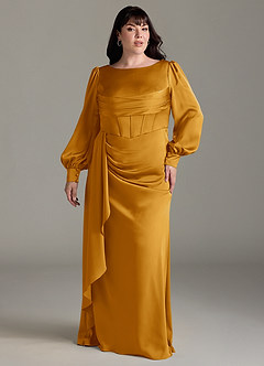 Azazie Raye Robes de demoiselle d'honneur Robe Sirène en Satin extensible Manche longue Caramel écossais image7