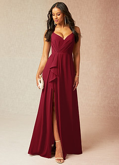 Azazie Kyedae Bridesmaid Dresses Burgundy A-Line V-Neck Pleated Chiffon Dress image1