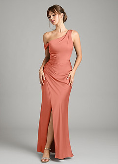 Azazie Madelyn Bridesmaid Dresses Salmon Pink Mermaid One Shoulder Stretch Satin Convertible Dress image1