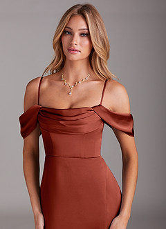 Azazie Saige Bridesmaid Dresses Terracotta Sheath Off the Shoulder Stretch Satin Dress image2