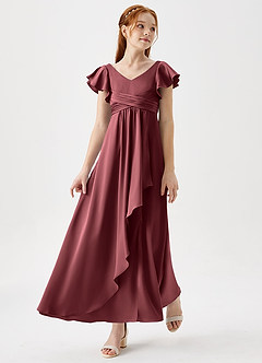 Azazie Omari Junior Merlot A-Line Pleated Stretch Satin Dress image1