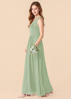 Azazie Skyla Junior Vestido Salvia Polvorienta de Gasa de Corte en A con Plisado image6