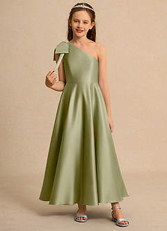 Azazie Guppy Girls Formal vestidos de niña de las flores Vestido de Musgo Verde de Satin Mate de Corte en A con Hombro unilateral image3