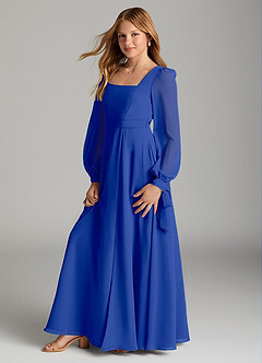 Azazie Leonia Junior Vestido de Azul Real de Gasa de Corte en A con Con bolsillos image4