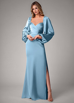 Azazie Sonata Bridesmaid Dresses Steel Blue Sheath Long Sleeve Stretch Satin Convertible Dress image1