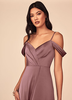 Azazie Ocean Bridesmaid Dresses Vintage Mauve A-Line V-Neck Pleated Stretch Satin Dress image4