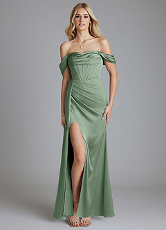 Azazie Amyra Vestidos de damas de honor Vestido de Matcha de Satén Elástico de Corte Sirena Convertible con Vestidos sin tirantes image9
