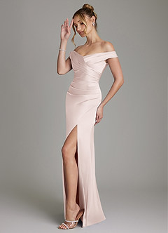 Azazie Teyana Bridesmaid Dresses Blushing Pink Sheath Off the Shoulder Stretch Satin Dress image5