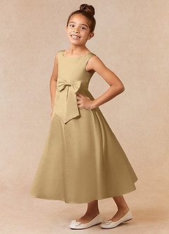 Azazie Lindy Flower Girl Dresses Gold A-Line Pleated Matte Satin Dress image1
