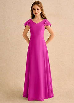 Azazie Nari Girls Formal Robe Demoiselle D'honneur Fillette Robe Trapèze en Mousseline de soie avec manches Fuchsia image6