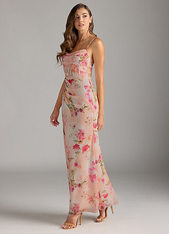 Azazie Mai Bridesmaid Dresses Abstract Bouquet Floral Sheath Pleated Chiffon Dress image4